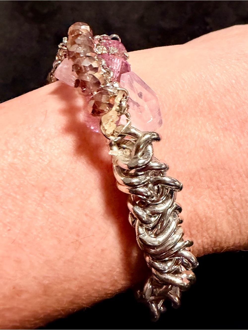Artisan Pink Crystal Beaded Silver Tone Chainmail Statement Bracelet